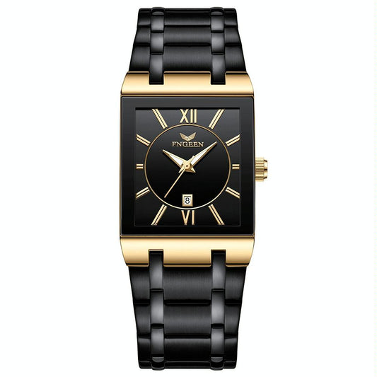 Waterproof Square Men Watch with Calendar - 50m - Black Belt Gold Shell Black Surface