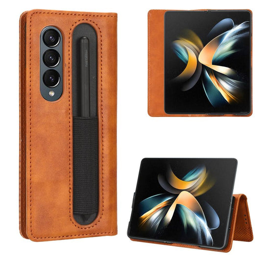 For Samsung Galaxy Z Fold4 5G Vintage Leather Phone Case With Magnetic Buckle - Brown