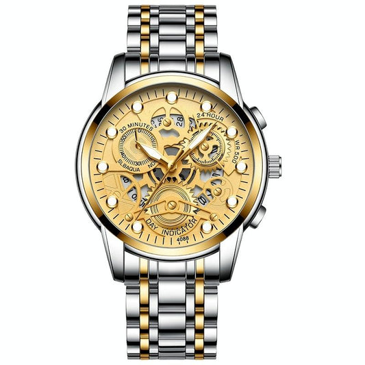 Waterproof Luminous Men Quartz Watch - Hollow Design - Gold And Gold Surface
