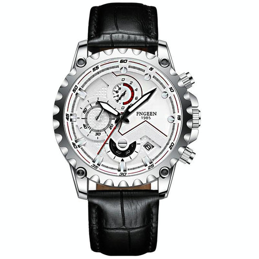 Stainless Steel Waterproof Men Sports Watch - Black Leather White Steel White Surface