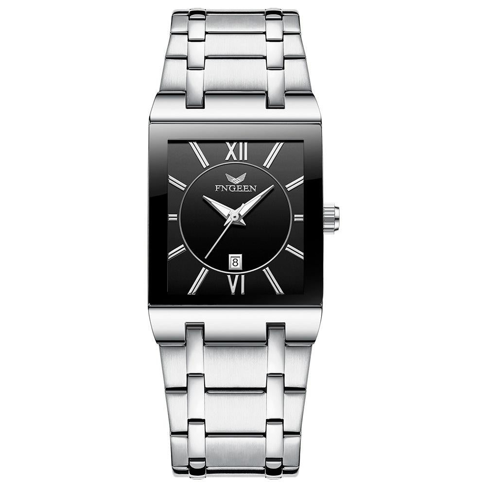 Waterproof Square Men Watch with Calendar - 50m - White Steel Black Surface