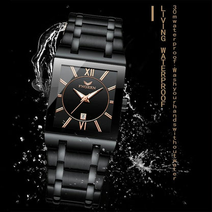Waterproof Square Men Watch with Calendar - 50m - White Steel Black Surface