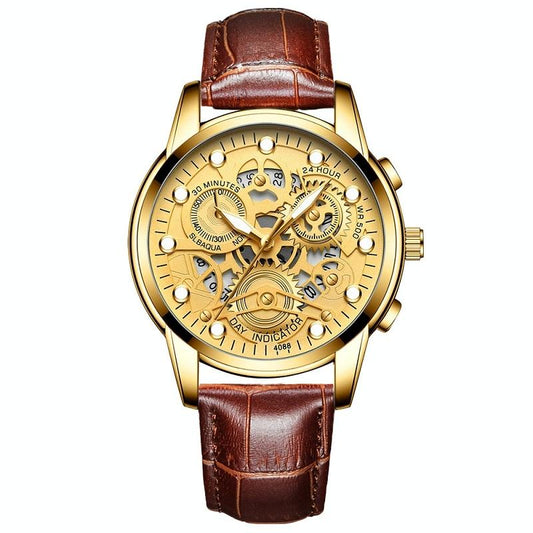 Waterproof Luminous Men Quartz Watch - Hollow Design - Brown Leather Full Golden Surface