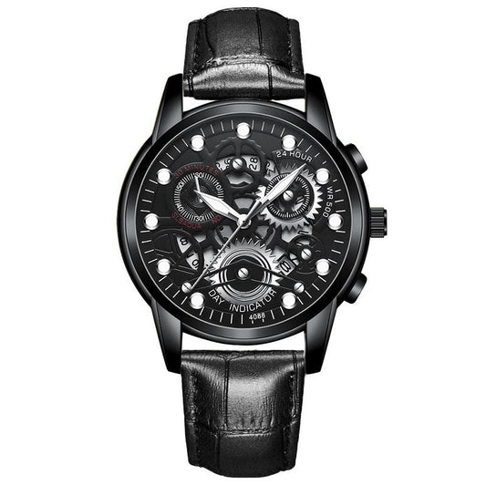 Waterproof Luminous Men Quartz Watch - Hollow Design - All Black Surface White Nails