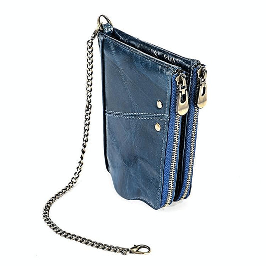 Leather Wallet with Rfid Protection and Strap - Card Slots - Blue