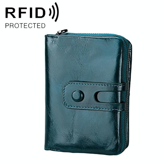 Zip Rfid Crazy Horse Leather Wallet - Brown - Blue