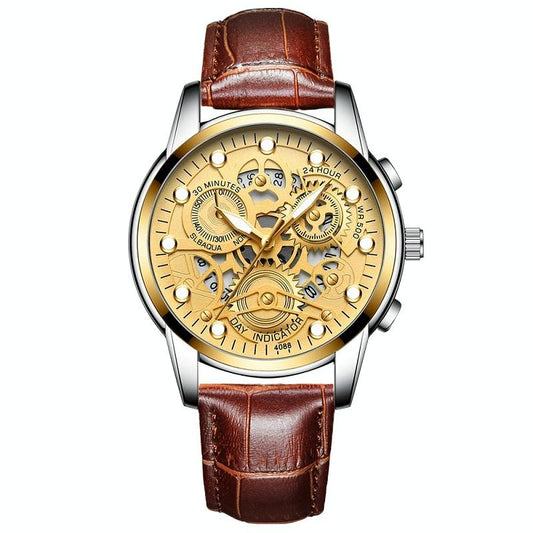 Waterproof Luminous Men Quartz Watch - Hollow Design - Brown Leather Gold Surface