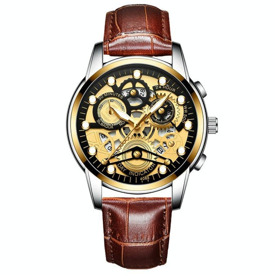 Waterproof Luminous Men Quartz Watch - Hollow Design - Brown Leather Gold Black Surface
