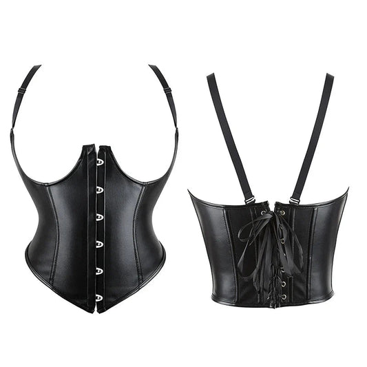 Plus Size Black Leather Corset Waist Trainer Vest With Strap 10 Plastic Bones S-6Xl - 6Xl