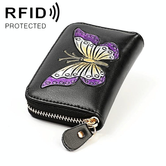 Leather Wallet with Rfid Protection and Butterfly Pattern - Purple