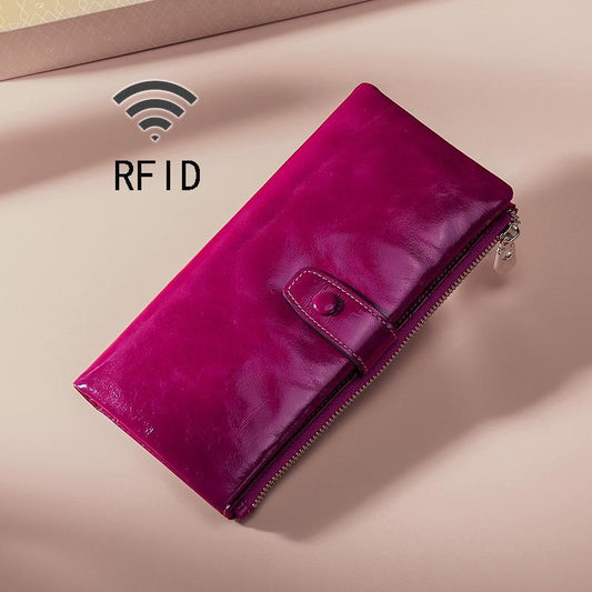 Oilskin Leather Rfid Zip Wallet - Brown - Purple