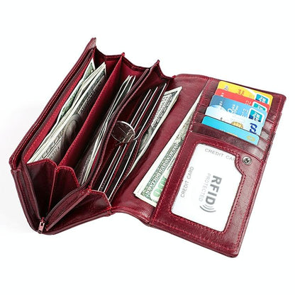 Versatile Retro Leather Rfid Lady Wallet - Wine Red
