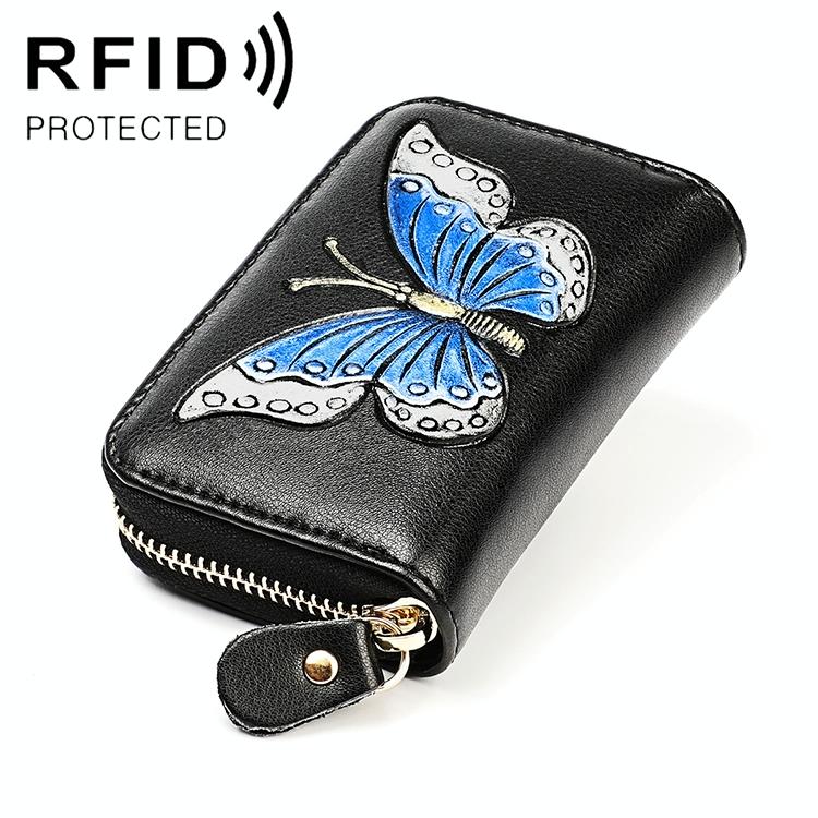 Leather Wallet with Rfid Protection and Butterfly Pattern - Silver