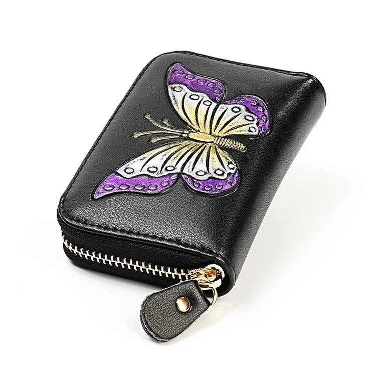 Leather Wallet with Rfid Protection and Butterfly Pattern - Silver