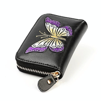 Leather Wallet with Rfid Protection and Butterfly Pattern - Silver