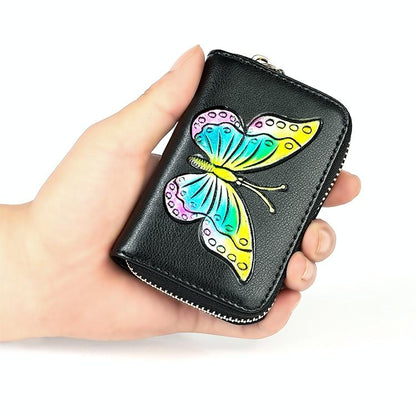 Leather Wallet with Rfid Protection and Butterfly Pattern - Silver
