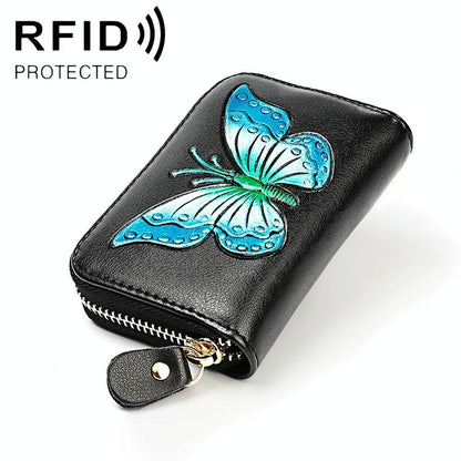 Leather Wallet with Rfid Protection and Butterfly Pattern - Silver
