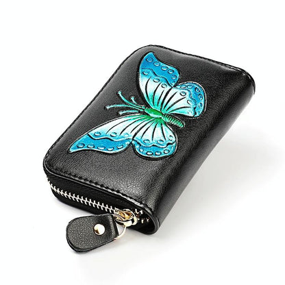 Leather Wallet with Rfid Protection and Butterfly Pattern - Silver