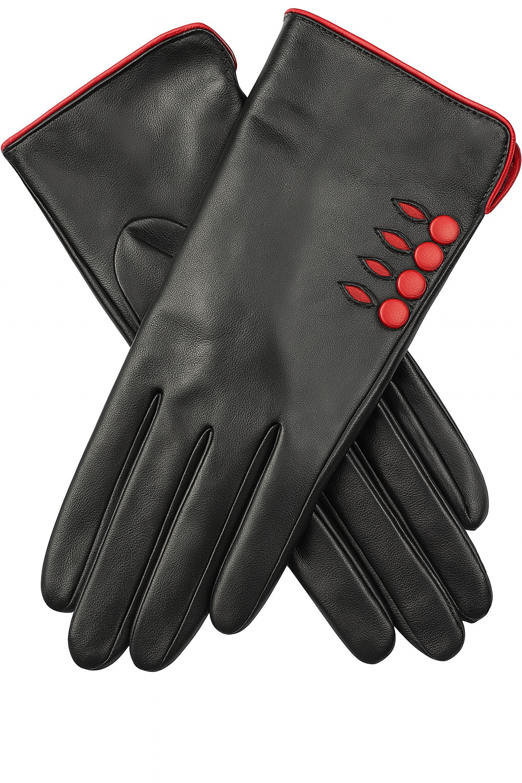 Dents Womens Leather Gloves w/ Button Detail Piped Cuff & Silk Feel Lining - Black/Berry - Medium