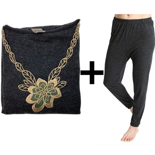 2pcs Set Womens Merino Wool Blend Pants & Top Underwear Leggings Thermal Thermals - Black - 10-12