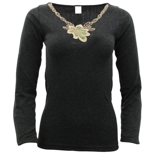 Ladies Merino Wool Blend Long Sleeve Thermal Spencer Top Thermals Underwear - Black - 10-12