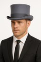 5.5"" Premium Australian Wool Felt Top Hat w/ Satin Lining Mad Hatter Magician Tuxedo in Grey - 58cm