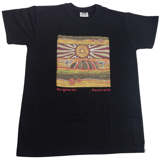 Mens Australia T Shirt Aboriginal Art 100% Cotton Souvenir Indigenous Tee - Black - Large