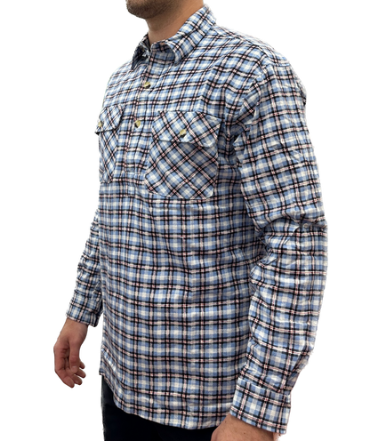 Mens Flannelette Long Sleeve Pullover Shirt 100% Cotton Flannel - Half Placket - Blue Check - M