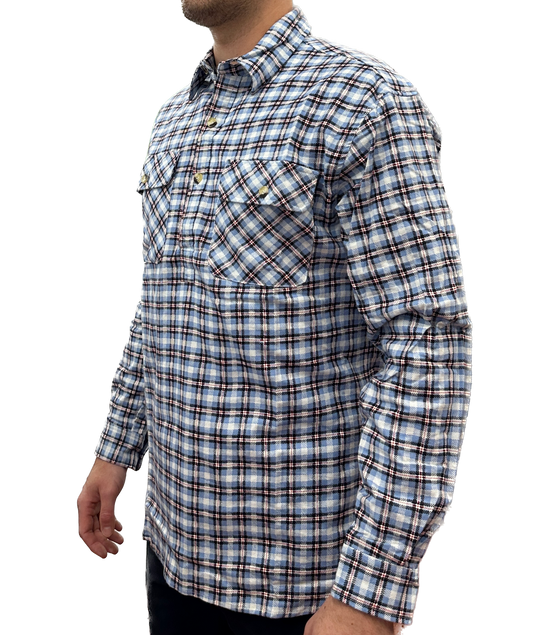 Mens Flannelette Long Sleeve Pullover Shirt 100% Cotton Flannel - Half Placket - Blue Check - M