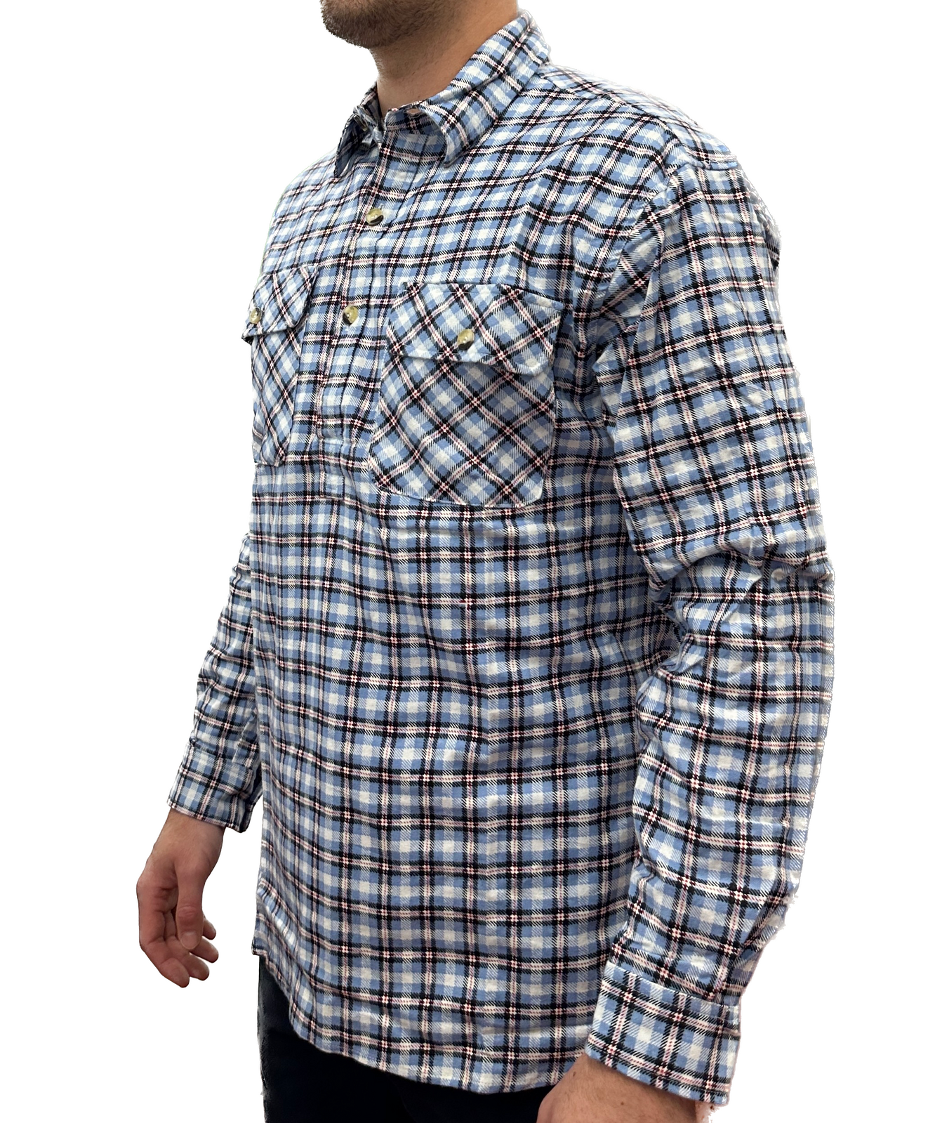 Mens Flannelette Long Sleeve Pullover Shirt 100% Cotton Flannel - Half Placket - Blue Check - M