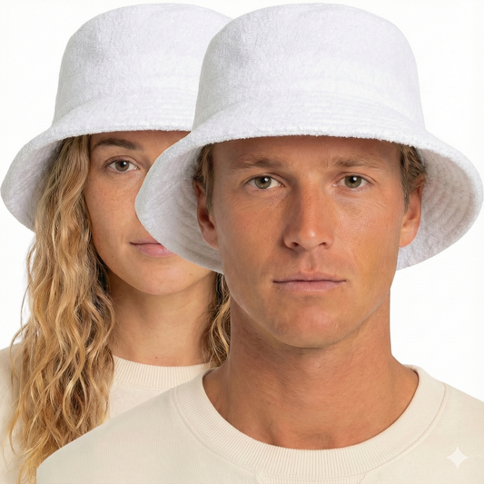 100% Cotton Terry Towelling Bucket Hat Daggy Fishing Camping Lad Cap in White - Small