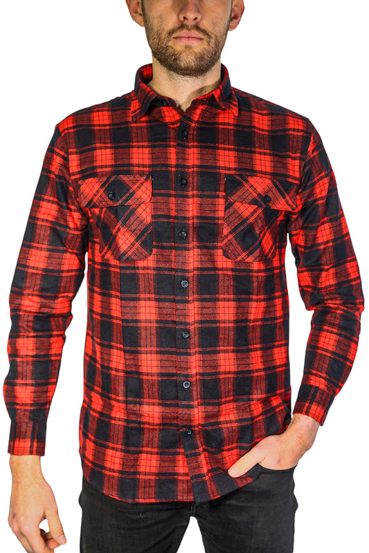Mens Flannelette Long Sleeve Shirt 100% Cotton Check Authentic Flannel - Full Placket - Red - XL