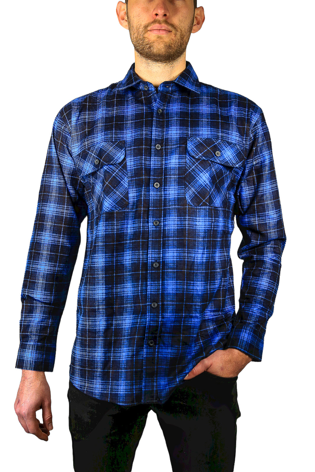 Mens 100% Cotton Flannelette Shirt Long Sleeve Check Authentic Flannel - Blue - 5XL