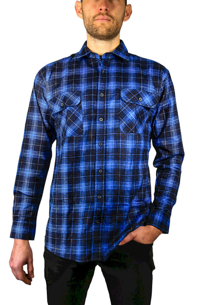 Mens 100% Cotton Flannelette Shirt Long Sleeve Check Authentic Flannel - Blue - 5XL