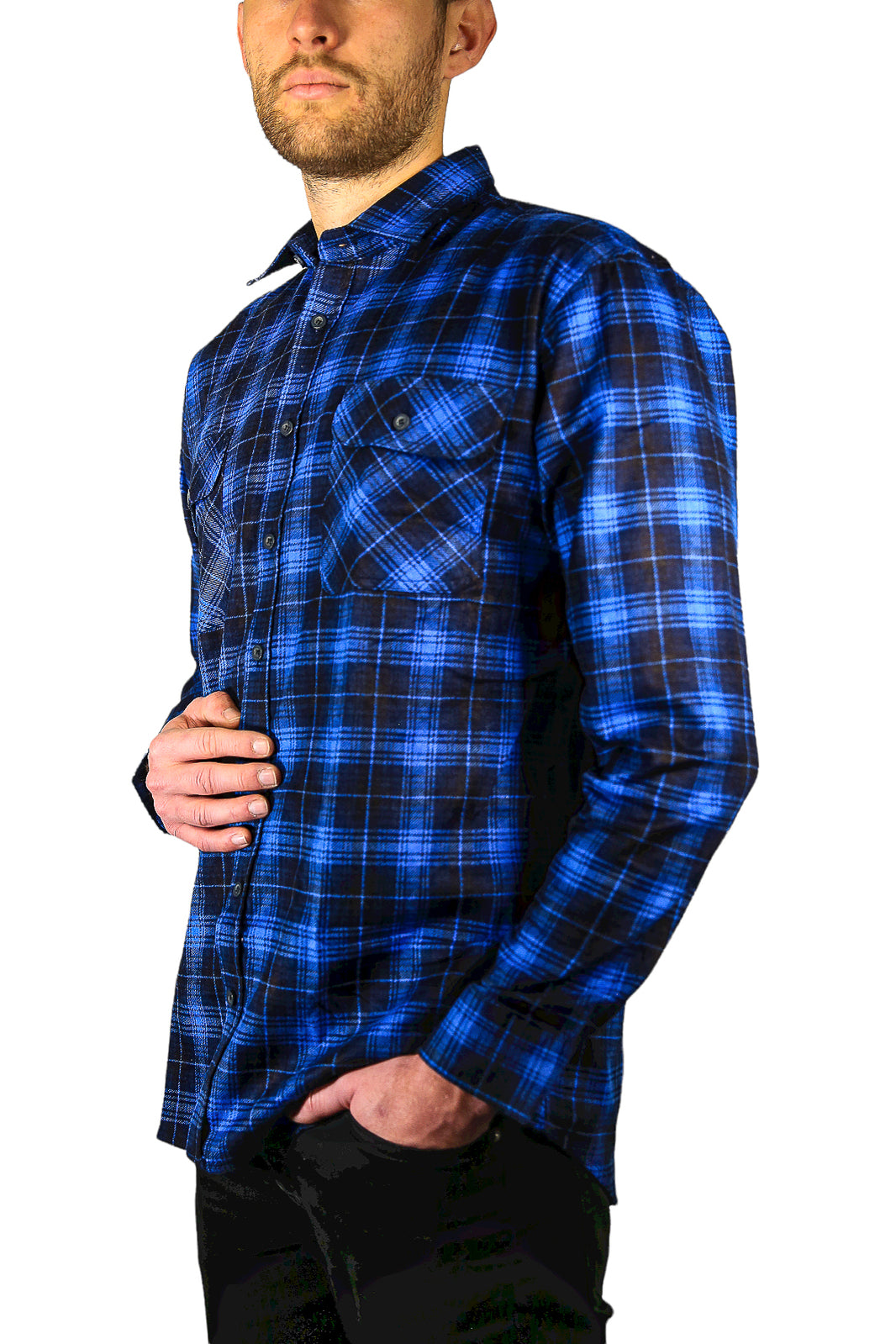 Mens 100% Cotton Flannelette Shirt Long Sleeve Check Authentic Flannel - Blue - 5XL