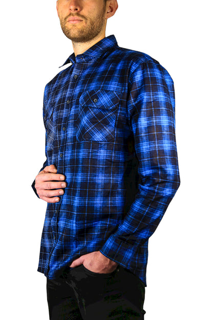 Mens 100% Cotton Flannelette Shirt Long Sleeve Check Authentic Flannel - Blue - 5XL