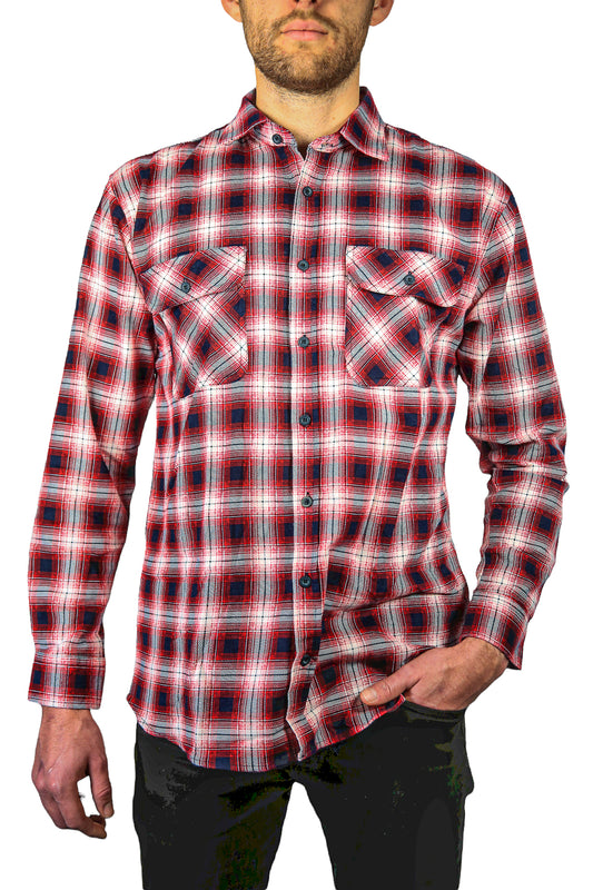 Mens 100% Cotton Flannelette Shirt Long Sleeve Check Authentic Flannel - Red/Navy - XXL