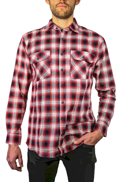 Mens 100% Cotton Flannelette Shirt Long Sleeve Check Authentic Flannel - Red/Navy - XXL