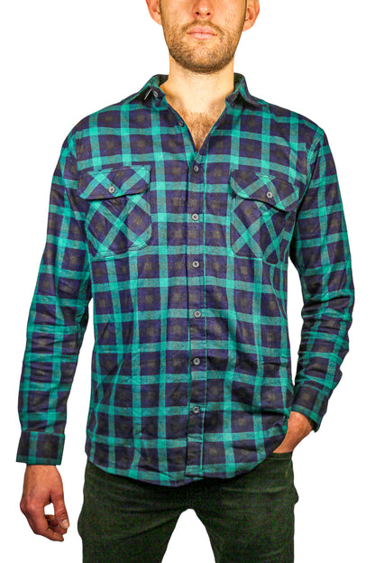 Mens 100% Cotton Flannelette Shirt Long Sleeve Check Authentic Flannel - Green/Navy - XL