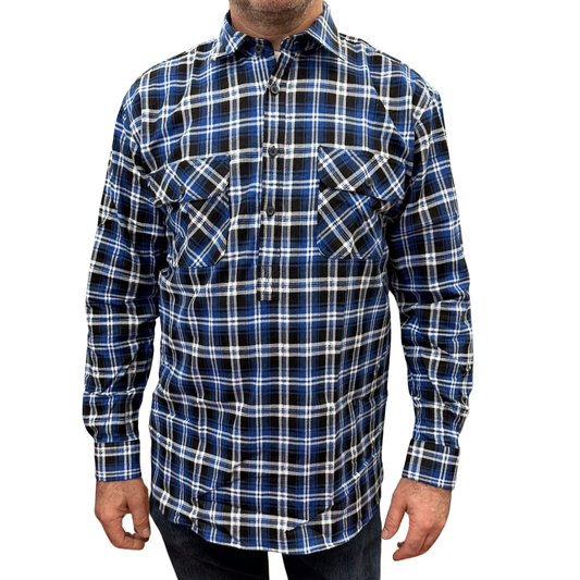 Mens Flannelette Long Sleeve Pullover Shirt 100% Cotton Flannel - Half Placket - Blue/Black - 5XL