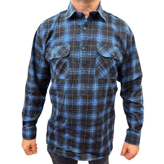Mens Flannelette Long Sleeve Pullover Shirt 100% Cotton Flannel - Half Placket - Blue - 7XL