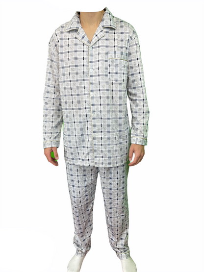 Mens Cotton Pajamas Pyjamas PJs Long Sleeve Shirt Tops + Pants Set Sleepwear - White/Blue - S