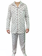 Mens Cotton Pajamas Pyjamas PJs Long Sleeve Shirt Tops + Pants Set Sleepwear - White/Brown - L