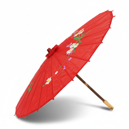 PARASOL UMBRELLA Chinese Japanese Bamboo Flower Pattern Fabric 80cm Diameter - Red