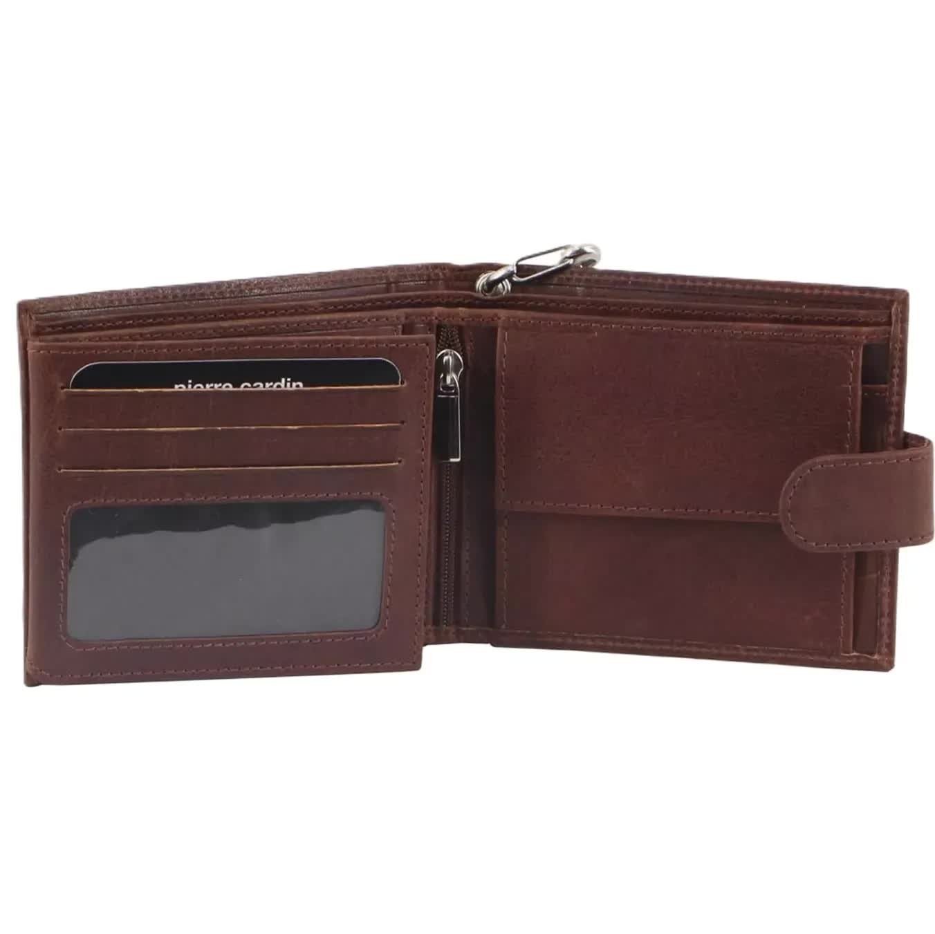 Pierre Cardin Zip Around Mens Leather Wallet with Chain in Chestnut