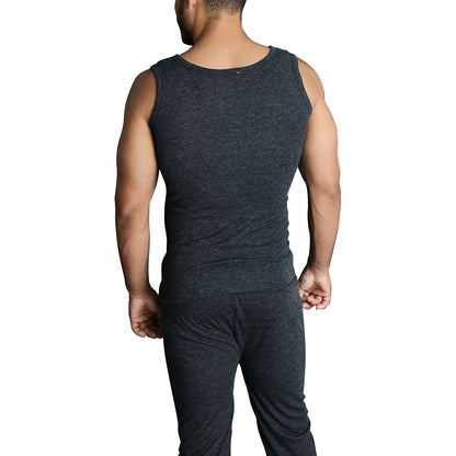 Mens THERMAL Merino Wool Blend Singlet Top Sleeveless Warm Underwear - Black - S