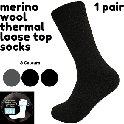 Merino Wool Mens Loose Top Thermal Socks Diabetic Comfort Circulation - 1 Pair - Black - 2-8