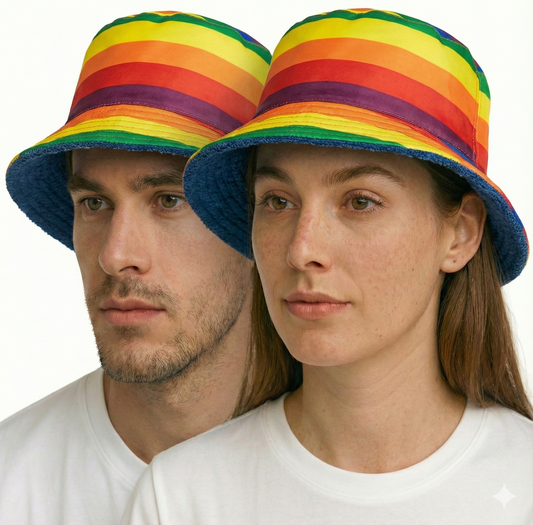 Reversible Stingy Brim Terry Towelling Bucket Hat Cap 100% COTTON - Rainbow/Blue - S/M (54-55cm)