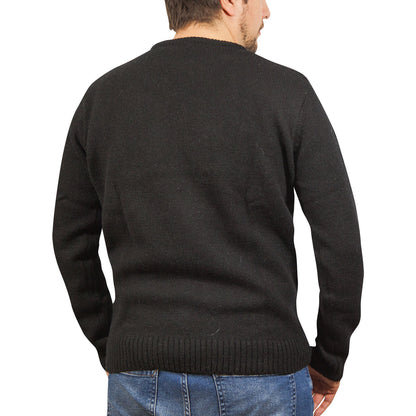 100% SHETLAND RAGG WOOL CREW Round Neck Knit JUMPER Pullover Mens Sweater Knitted - Plain Black - S