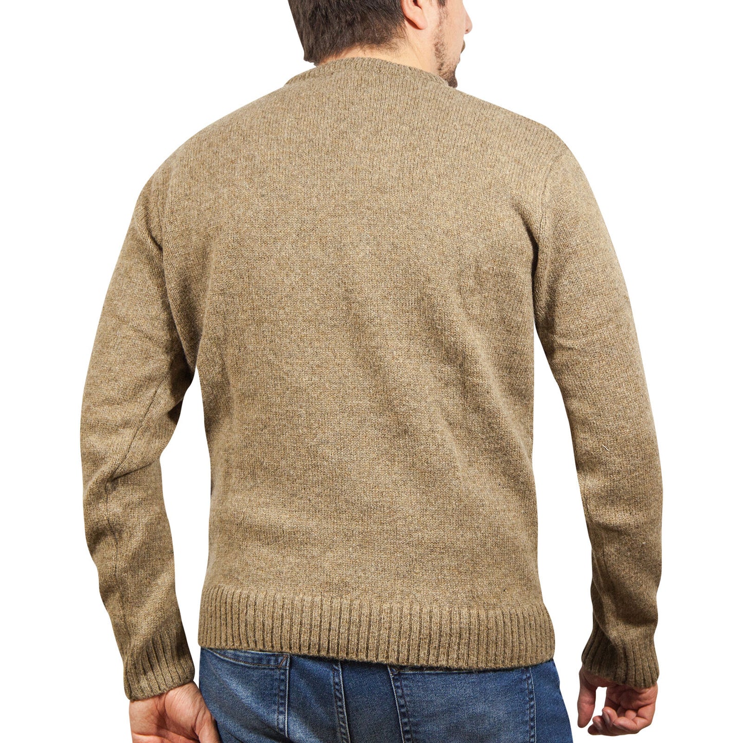 100% SHETLAND RAGG WOOL CREW Round Neck Knit JUMPER Pullover Mens Sweater Knitted - Nutmeg - M